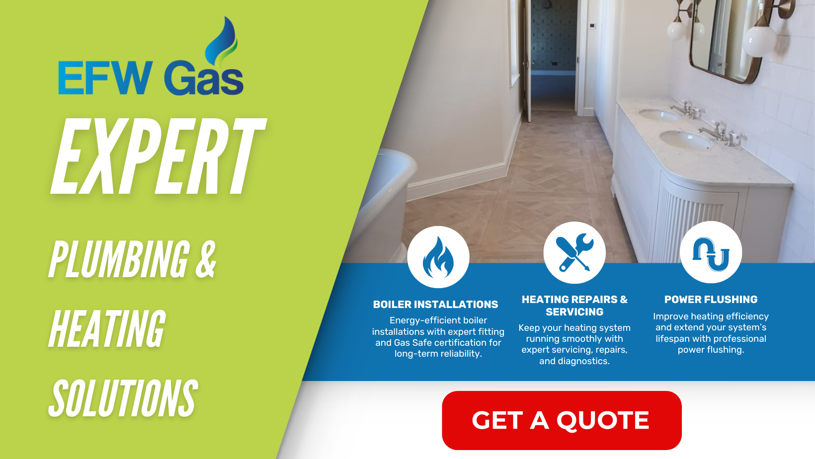 EFW Gas Leeds services banner showing boiler installations heating repairs and power flushing